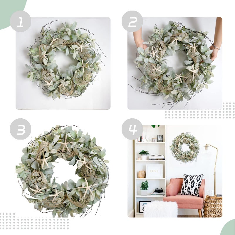 CIR OASES CIR OAOSES 18 Inch Green Ear Lambs Leaves Starfish Wreaths for Front Door, Rustic and Farmhouse Spring Summer Greenery Wreath for Inside and Outside, Grapevine Year Round Wreath for Home Decor - Image 4