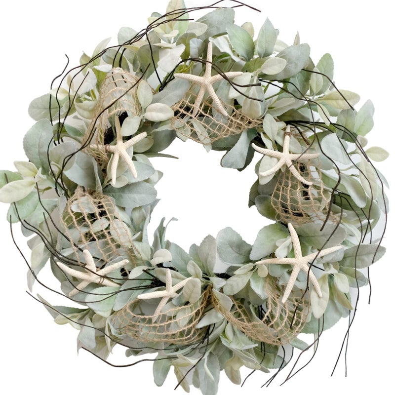 CIR OASES CIR OAOSES 18 Inch Green Ear Lambs Leaves Starfish Wreaths for Front Door, Rustic and Farmhouse Spring Summer Greenery Wreath for Inside and Outside, Grapevine Year Round Wreath for Home Decor - Image 1