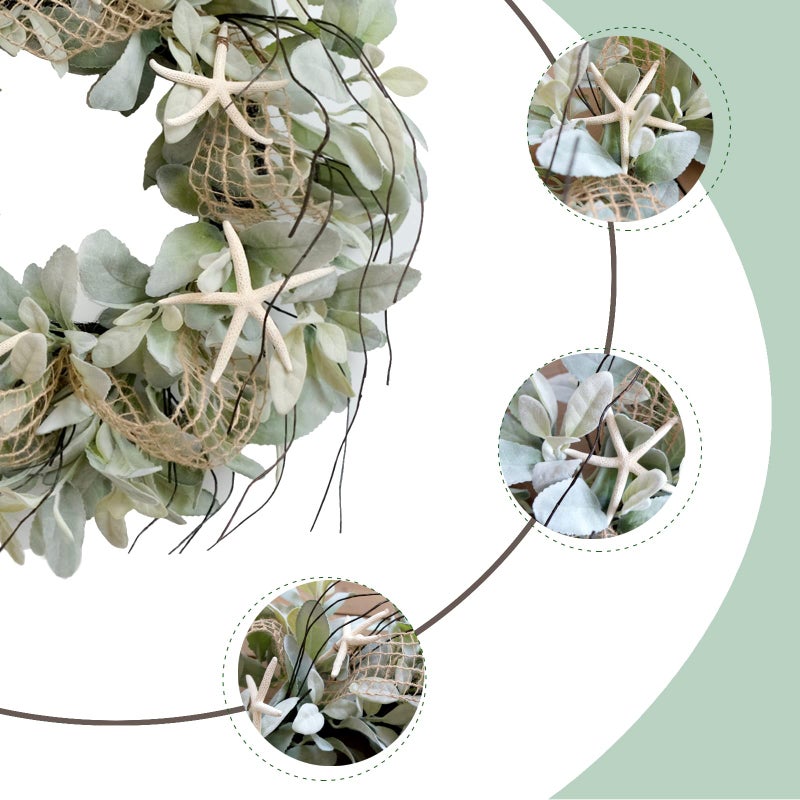 CIR OASES CIR OAOSES 18 Inch Green Ear Lambs Leaves Starfish Wreaths for Front Door, Rustic and Farmhouse Spring Summer Greenery Wreath for Inside and Outside, Grapevine Year Round Wreath for Home Decor - Image 2