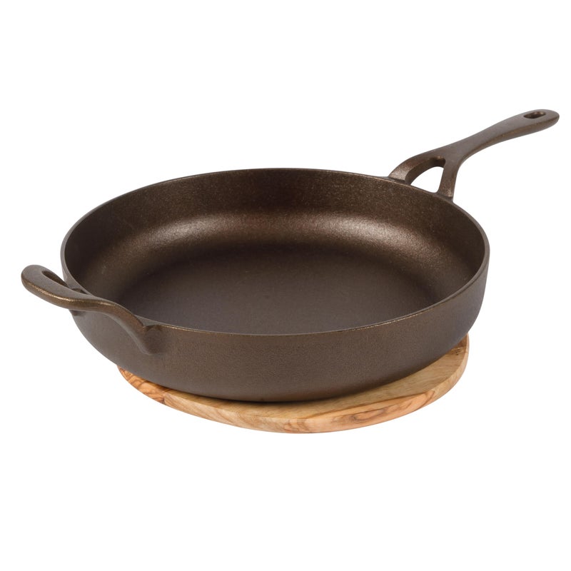 Bloomhouse - Two Time Oprah's Favorite Things Winner - Natural Bronze Finish 10" Cast Iron Skillet w/Long Handle, Helper Handle & Olive Wood Trivet â€“ Olive Oil Treated Fry Pan, Oven & Stovetop Safe - Image 1