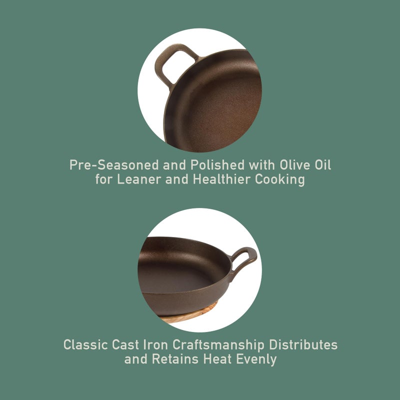 Bloomhouse - Two Time Oprah's Favorite Things Winner - Natural Bronze Finish 10" Cast Iron Skillet w/Long Handle, Helper Handle & Olive Wood Trivet â€“ Olive Oil Treated Fry Pan, Oven & Stovetop Safe - Image 3