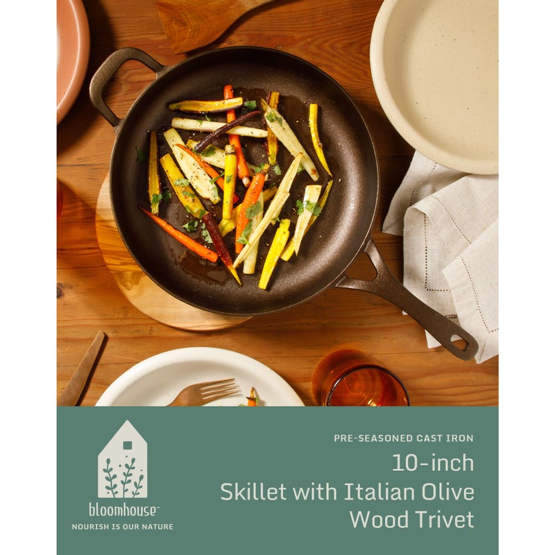 Bloomhouse - Two Time Oprah's Favorite Things Winner - Natural Bronze Finish 10" Cast Iron Skillet w/Long Handle, Helper Handle & Olive Wood Trivet â€“ Olive Oil Treated Fry Pan, Oven & Stovetop Safe - Image 2