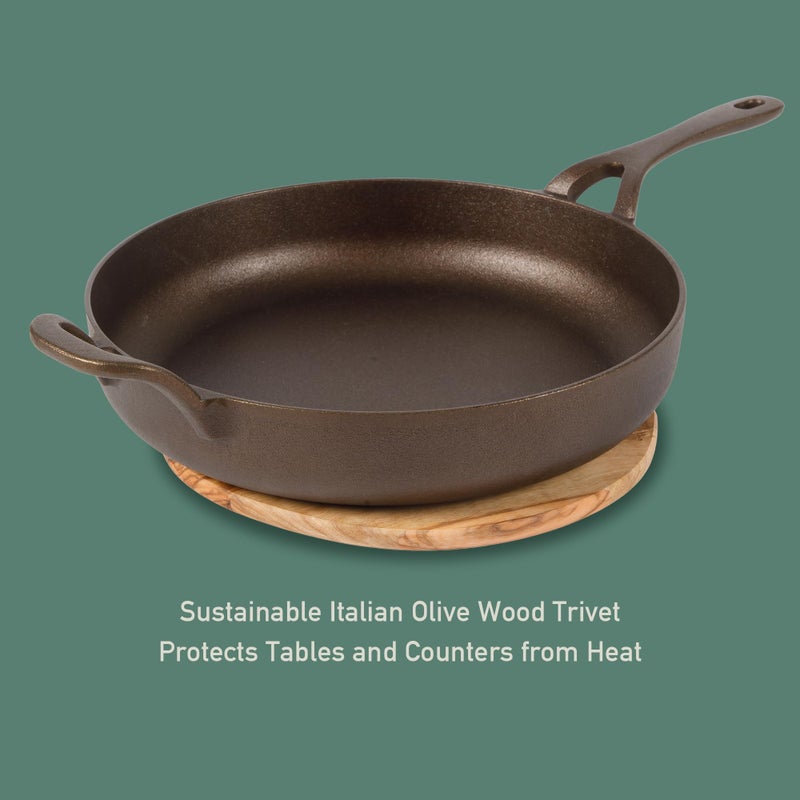 Bloomhouse - Two Time Oprah's Favorite Things Winner - Natural Bronze Finish 10" Cast Iron Skillet w/Long Handle, Helper Handle & Olive Wood Trivet â€“ Olive Oil Treated Fry Pan, Oven & Stovetop Safe - Image 5
