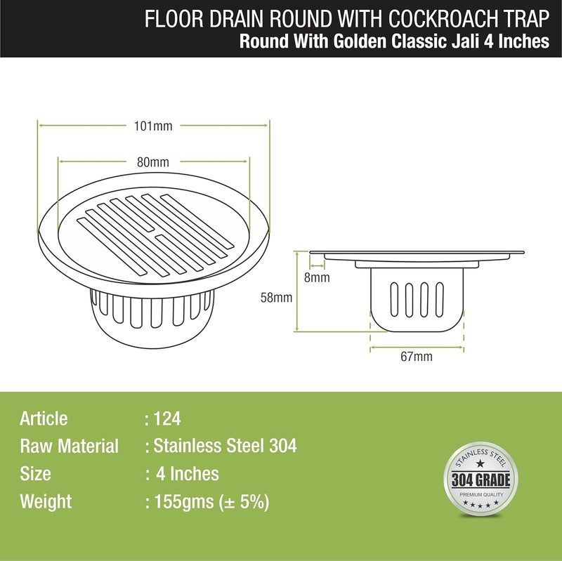 LIPKA Golden Classic Jali Round Floor Drain with Cockroach Trap 4 x 4 Inches Bathroom 304Grade Stainless Steel Floor Trap Glossy Finish Drain Jali - Image 2
