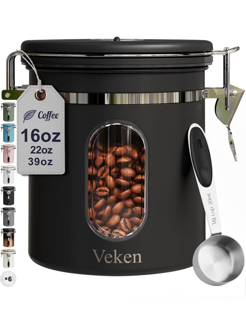 Veken Coffee Canister with Window, Airtight Stainless Steel Kitchen Food Storage Container with Lids, Date Tracker and Scoop for Grounds Coffee, Beans, Tea, Flour, Cereal, Sugar Jars, 16OZ, Black - Image 1