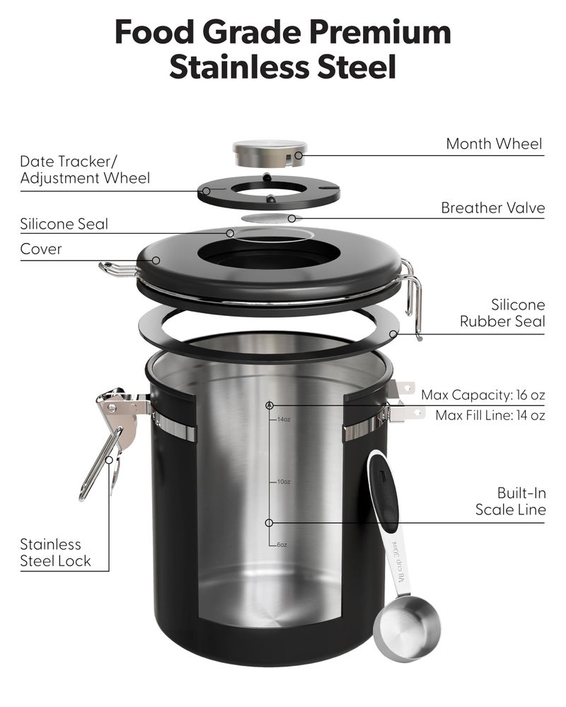 Veken Coffee Canister with Window, Airtight Stainless Steel Kitchen Food Storage Container with Lids, Date Tracker and Scoop for Grounds Coffee, Beans, Tea, Flour, Cereal, Sugar Jars, 16OZ, Black - Image 4