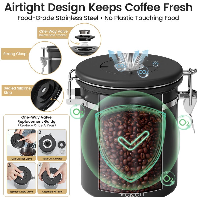 Veken Coffee Canister with Window, Airtight Stainless Steel Kitchen Food Storage Container with Lids, Date Tracker and Scoop for Grounds Coffee, Beans, Tea, Flour, Cereal, Sugar Jars, 16OZ, Black - Image 3