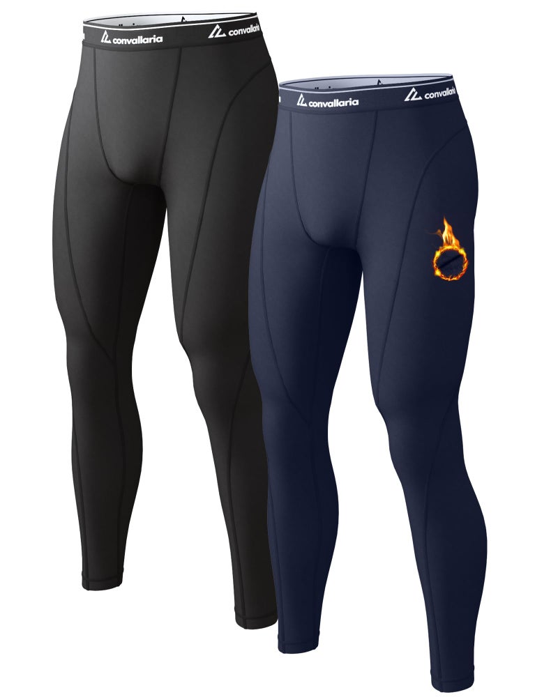 CL convallaria Long Johns for Men Thermal Fleece Lined Compression Pants Athletic Leggings Base Layer Bottoms,Small,2 Pack-Black/Blue - Image 1