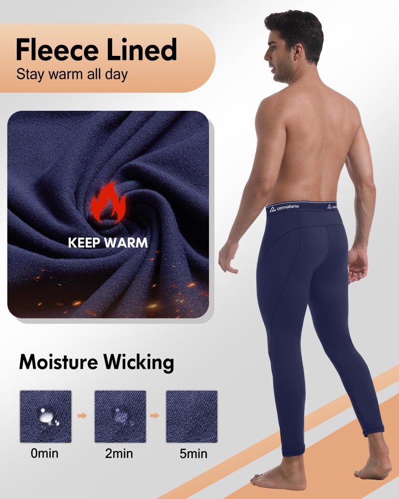 CL convallaria Long Johns for Men Thermal Fleece Lined Compression Pants Athletic Leggings Base Layer Bottoms,Small,2 Pack-Black/Blue - Image 4