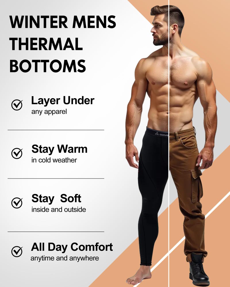 CL convallaria Long Johns for Men Thermal Fleece Lined Compression Pants Athletic Leggings Base Layer Bottoms,Small,2 Pack-Black/Blue - Image 2
