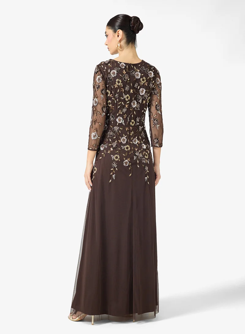 Adrianna Papell Embellished Mesh Sleeve Maxi Dress