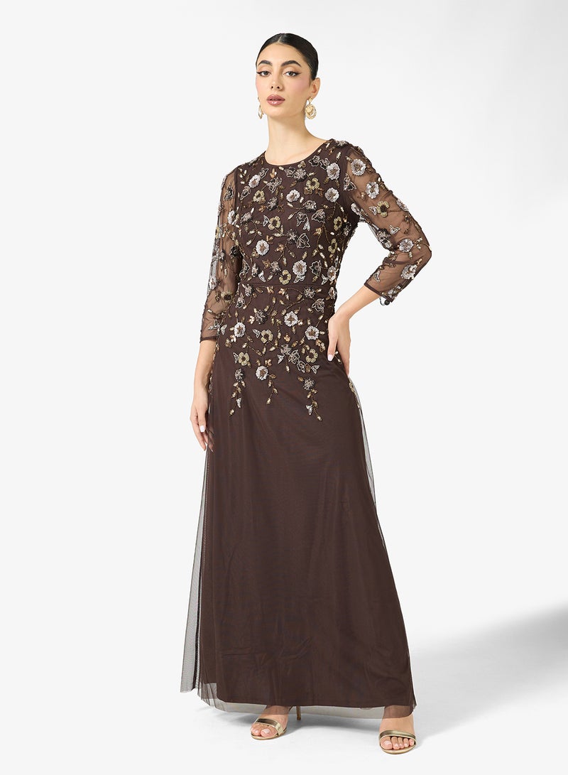 Adrianna Papell Embellished Mesh Sleeve Maxi Dress - Image 4