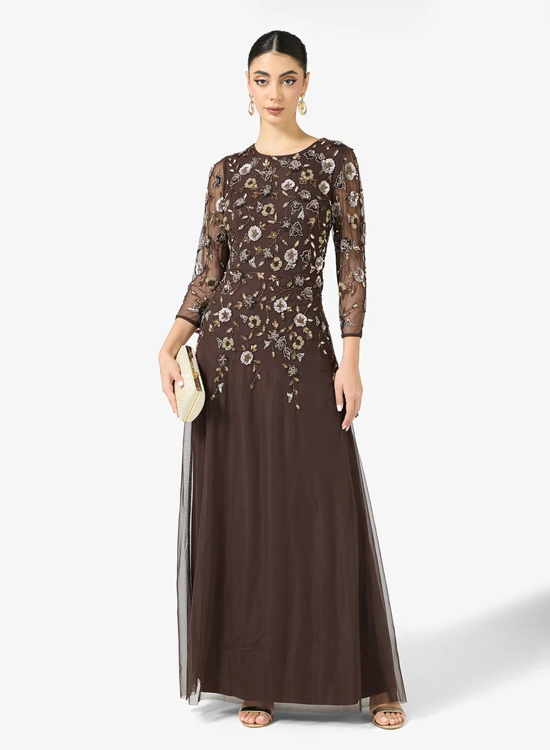 Adrianna Papell Embellished Mesh Sleeve Maxi Dress