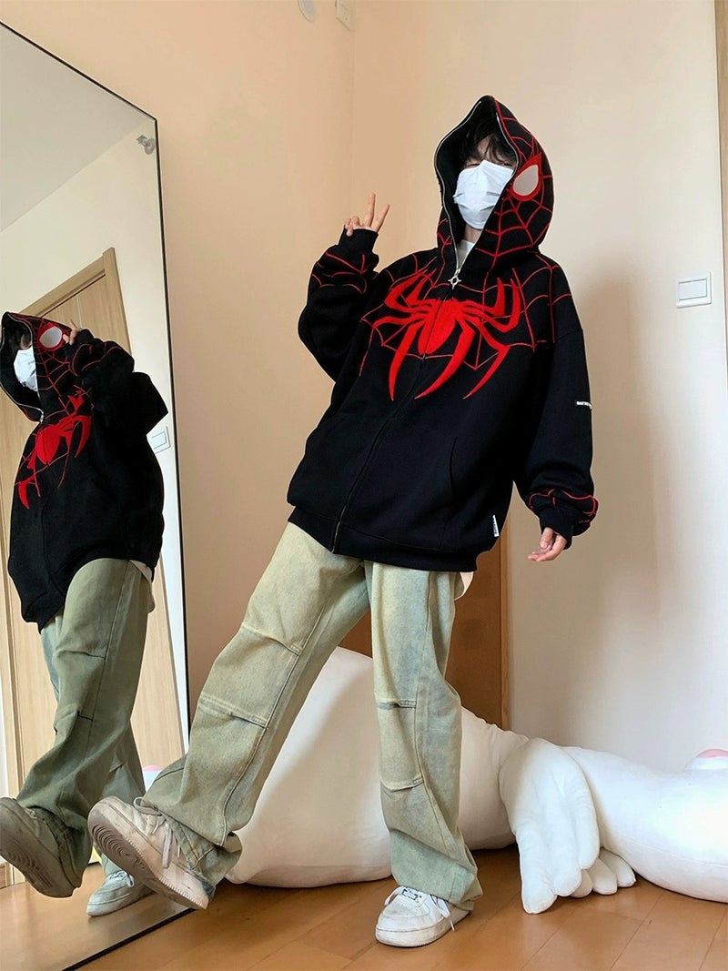 Autumn Winter Retro Hoodie Velvet Spider Design Zip-up Loose Coat Black velvet embroidery 400g