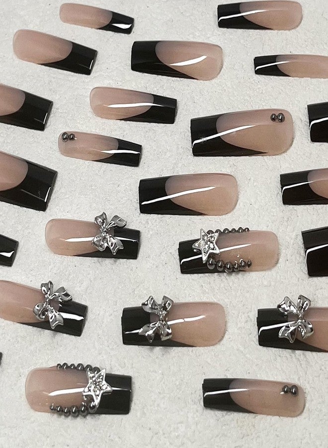 Jremg Black French Tip Press on Nails Long Square Coffin Fake Nails with 3D Bow Charms Designs Glossy Silver Star Rhinestones Glue on Nails Y2K Nude Pink Full Cover False Nails for Women Girls 24Pcs - Image 3