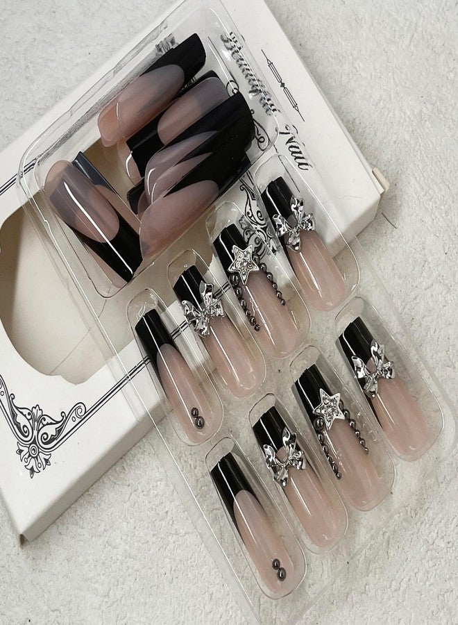 Jremg Black French Tip Press on Nails Long Square Coffin Fake Nails with 3D Bow Charms Designs Glossy Silver Star Rhinestones Glue on Nails Y2K Nude Pink Full Cover False Nails for Women Girls 24Pcs - Image 5