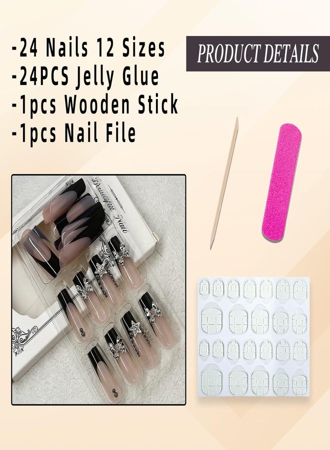 Jremg Black French Tip Press on Nails Long Square Coffin Fake Nails with 3D Bow Charms Designs Glossy Silver Star Rhinestones Glue on Nails Y2K Nude Pink Full Cover False Nails for Women Girls 24Pcs - Image 2