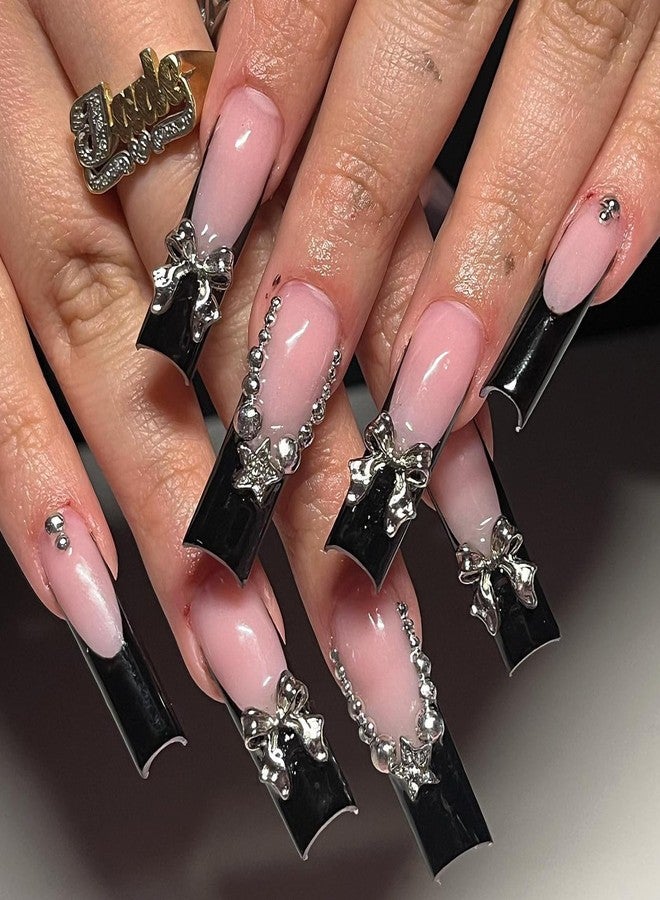 Jremg Black French Tip Press on Nails Long Square Coffin Fake Nails with 3D Bow Charms Designs Glossy Silver Star Rhinestones Glue on Nails Y2K Nude Pink Full Cover False Nails for Women Girls 24Pcs - Image 1
