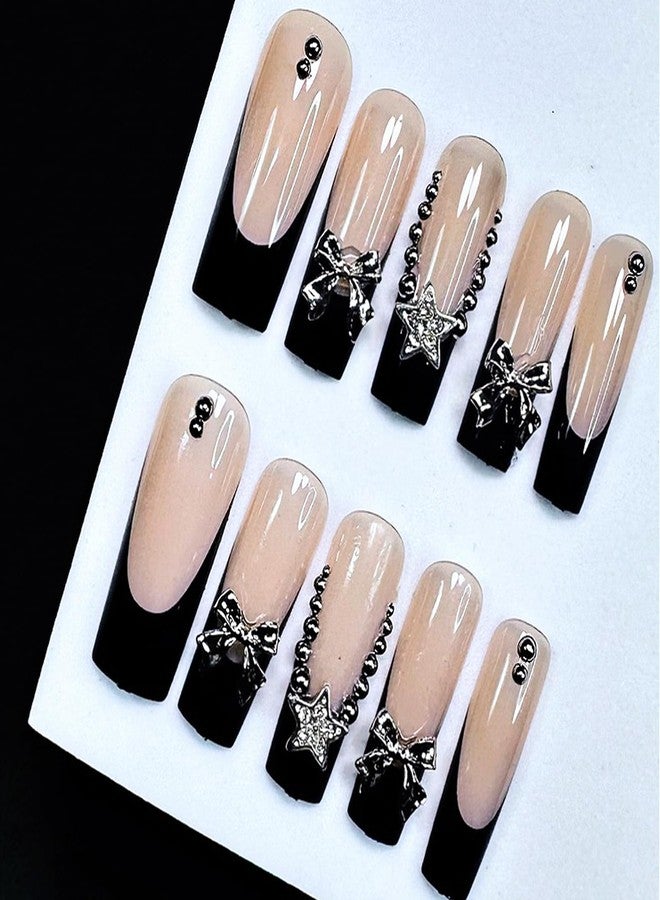 Jremg Black French Tip Press on Nails Long Square Coffin Fake Nails with 3D Bow Charms Designs Glossy Silver Star Rhinestones Glue on Nails Y2K Nude Pink Full Cover False Nails for Women Girls 24Pcs - Image 4
