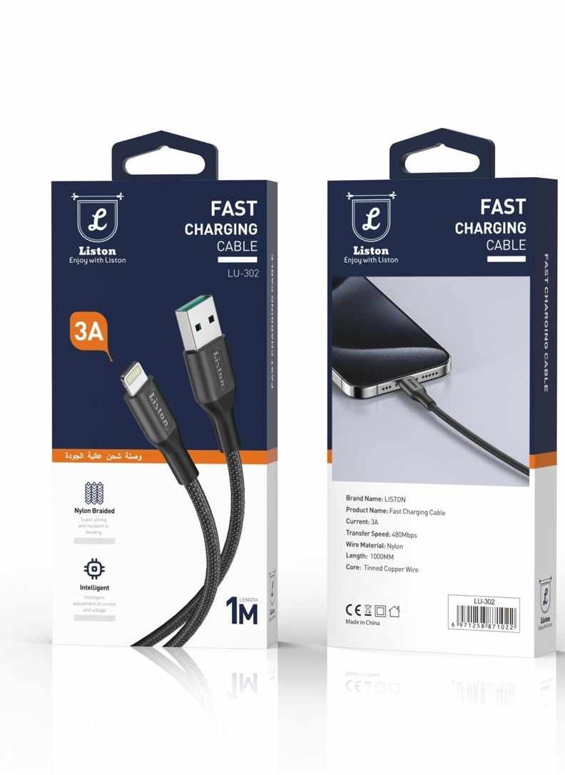 Liston - iPhone Charging Cable Fast Charger USB to lightning for iPhone, iPad, AirPods, 1 Meter Black - Image 1