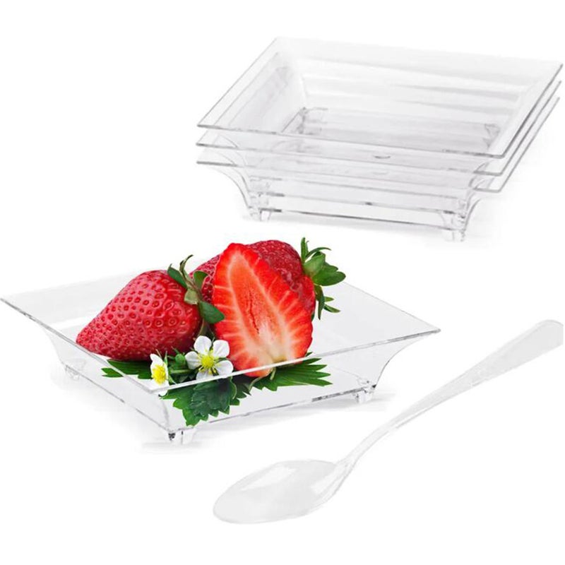 1oz Mini Dessert Plate and Tasting Spoon Transparent Plastic Square Banquet Mini Plate 50 Sets of White Boxes(Dish + Spoon 50 sets of Bubble Bags) - Image 1