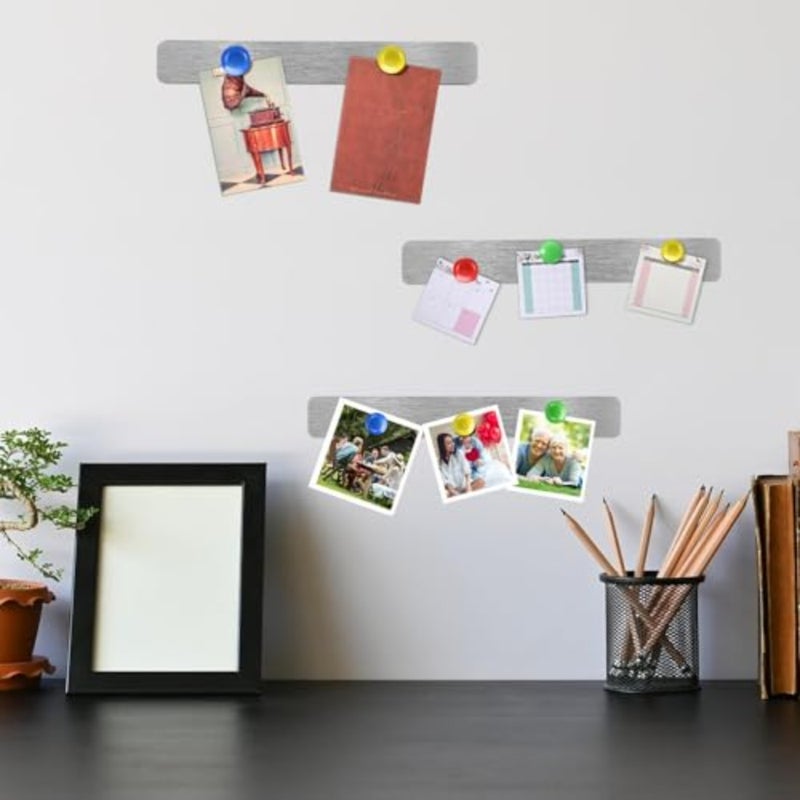 18 Pcs Magnetic Bulletin Board Strips, Frameless Stainless Steel Iron Strips with Colorful Magnets, Self-Adhesive Memo for Office, Home, Wall, Photos and Notes Silver - Image 5