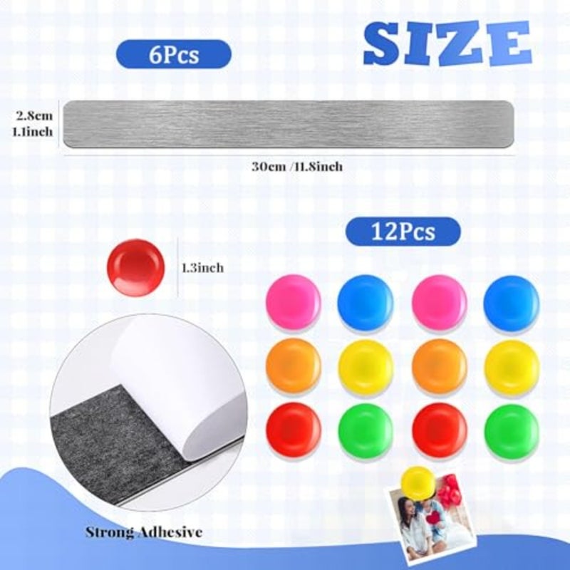18 Pcs Magnetic Bulletin Board Strips, Frameless Stainless Steel Iron Strips with Colorful Magnets, Self-Adhesive Memo for Office, Home, Wall, Photos and Notes Silver - Image 2