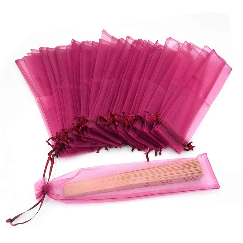 Bezall 50Pcs Organza Hand Fan Bags 2x10 Inches Folding Fan Drawstring Mesh Organza Gift Pouch for Wedding Party Bridal Shower Favor Bags Wine