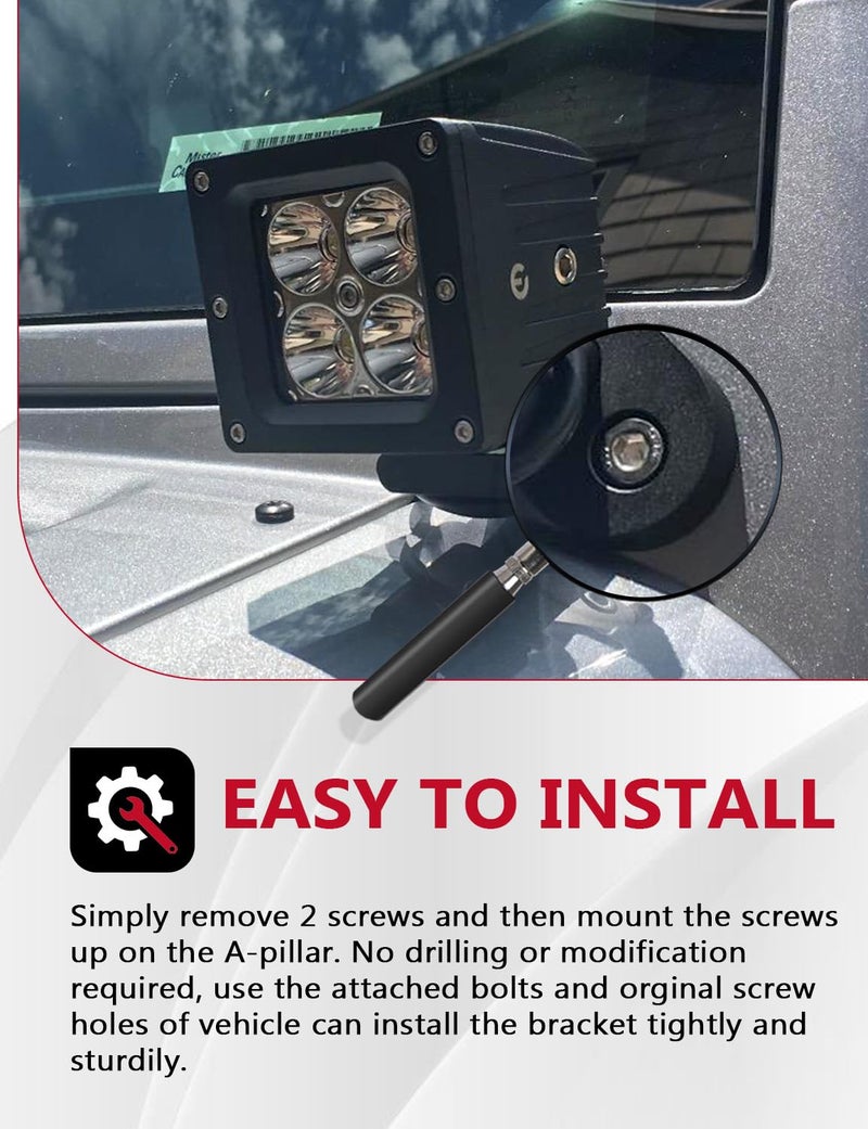 ADTOPI A-Pillar Light Mount Windshield LED Pod Brackets Aluminum Alloy A-Pillar Hood Mount Ditch Light Mounting Brackets Compatible with Jeep Wrangler JK JKU 2007-2018 - Image 5