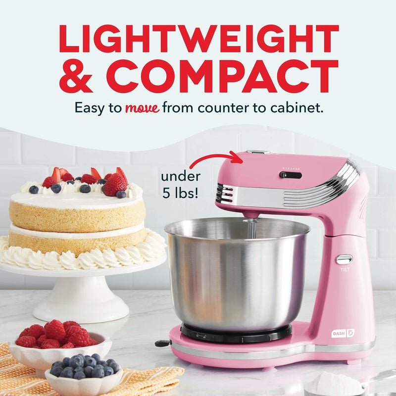 Dash Stand Mixer (Electric Mixer for Everyday Use): 6 Speed Stand Mixer with 3 Quart Stainless Steel Mixing Bowl, Dough Hooks & Mixer Beaters for Dressings, Frosting, Meringues & More - Pink - Image 2