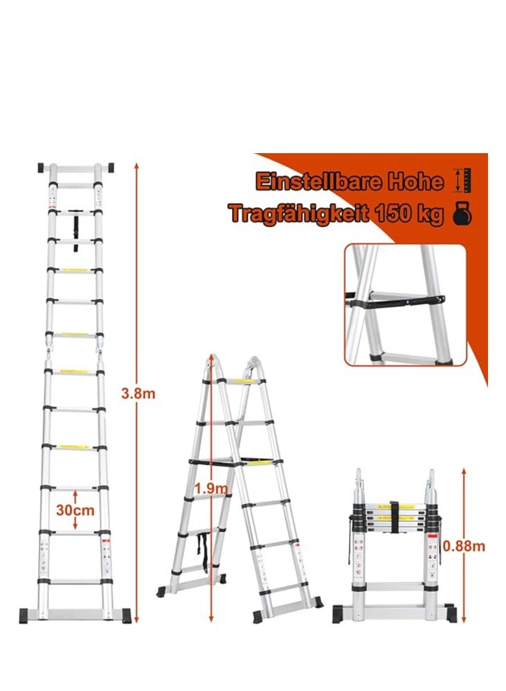 Telescopic Folding Ladder, Aluminium, 3.8 m (1.9 m + 1.9 m) Extendable Ladder with Stabilisers, Portable A-Frame Non-Slip Step Ladder, Maximum Load 150 kg (Silver)  - Image 3