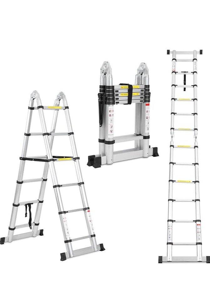 Telescopic Folding Ladder, Aluminium, 3.8 m (1.9 m + 1.9 m) Extendable Ladder with Stabilisers, Portable A-Frame Non-Slip Step Ladder, Maximum Load 150 kg (Silver)  - Image 1