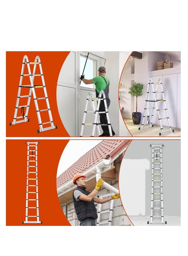 Telescopic Folding Ladder, Aluminium, 3.8 m (1.9 m + 1.9 m) Extendable Ladder with Stabilisers, Portable A-Frame Non-Slip Step Ladder, Maximum Load 150 kg (Silver)  - Image 4