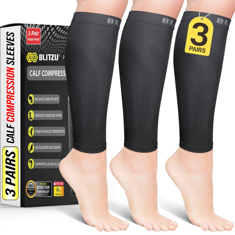 BLITZU 3 Pairs Calf Compression Sleeves for Men and Women. Footless Compression Socks & Leg Support for Running, Travel, Nursing, Fitness. Shin Splints Pain Relief & Reduce Swelling Black L-XL - Image 1