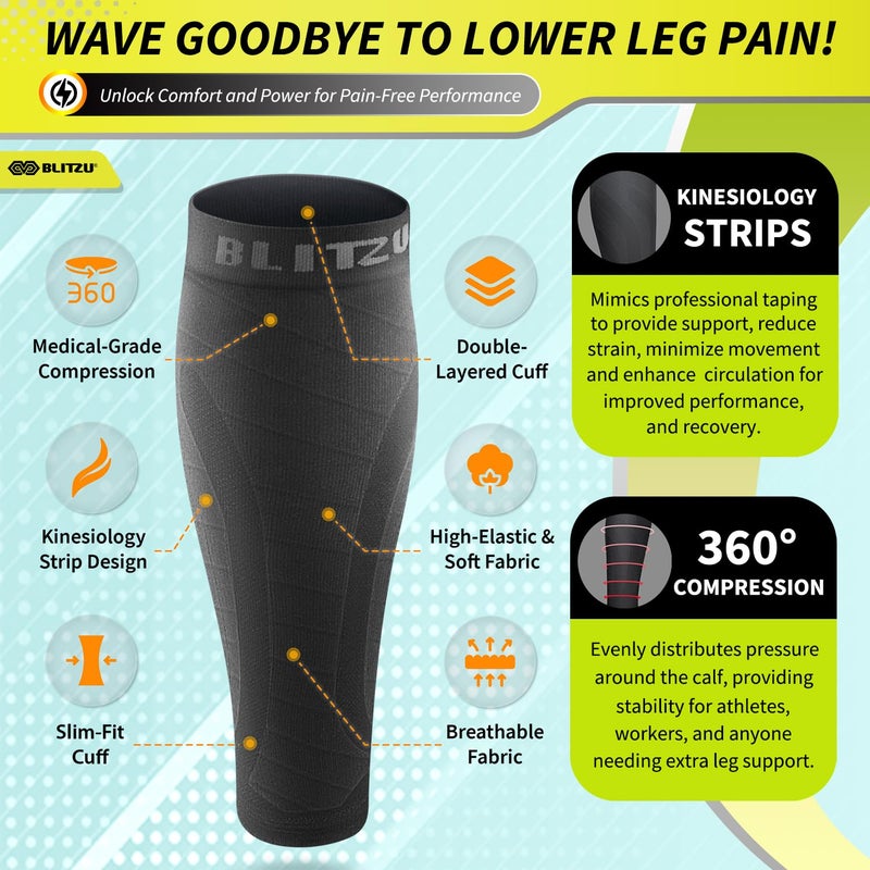 BLITZU 3 Pairs Calf Compression Sleeves for Men and Women. Footless Compression Socks & Leg Support for Running, Travel, Nursing, Fitness. Shin Splints Pain Relief & Reduce Swelling Black L-XL - Image 4