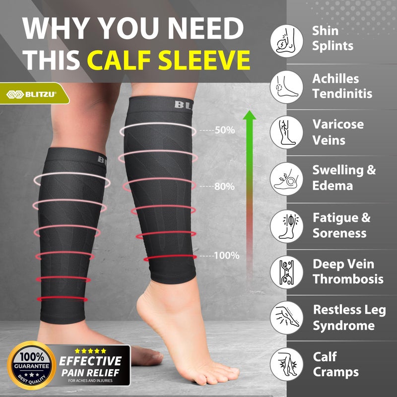 BLITZU 3 Pairs Calf Compression Sleeves for Men and Women. Footless Compression Socks & Leg Support for Running, Travel, Nursing, Fitness. Shin Splints Pain Relief & Reduce Swelling Black L-XL - Image 2