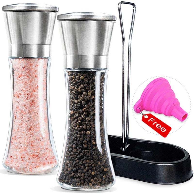 Amison Salt and Pepper Mills with Matching Stand Amison Stainless Steel Salt and Pepper Grinder Mill Set  5 Grade Precision Adjustable Ceramic Rotor with Funnel 2 Pack Pepper Mills