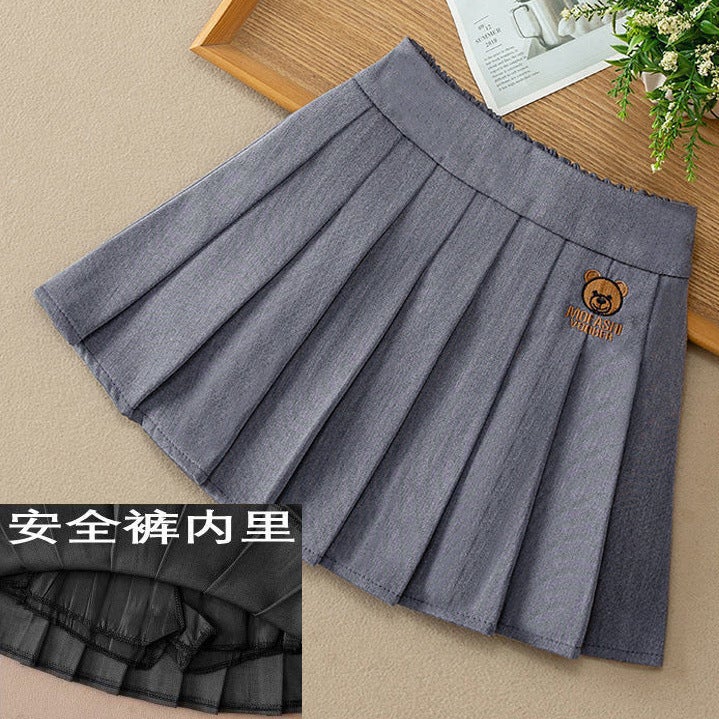 Girls Skirt 2024 Spring and Autumn New Childrens Wool Material All-match Childrens Wear Womens Middle and Big Childrens Pleated Skirt Student Skirt Gray suit material (security pants with elastic waist) 