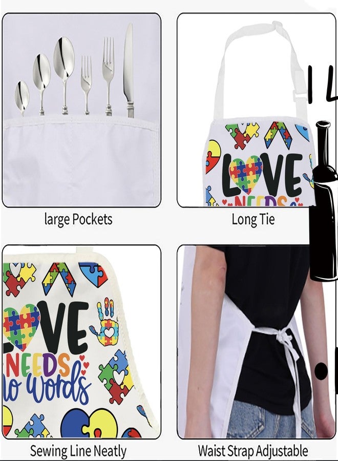 BNQL Love Needs No Words Autism Awareness Apron with Pockets Autism Awareness Gifts Autism Teacher Apron Chef BBQ Grill Apron - Image 3