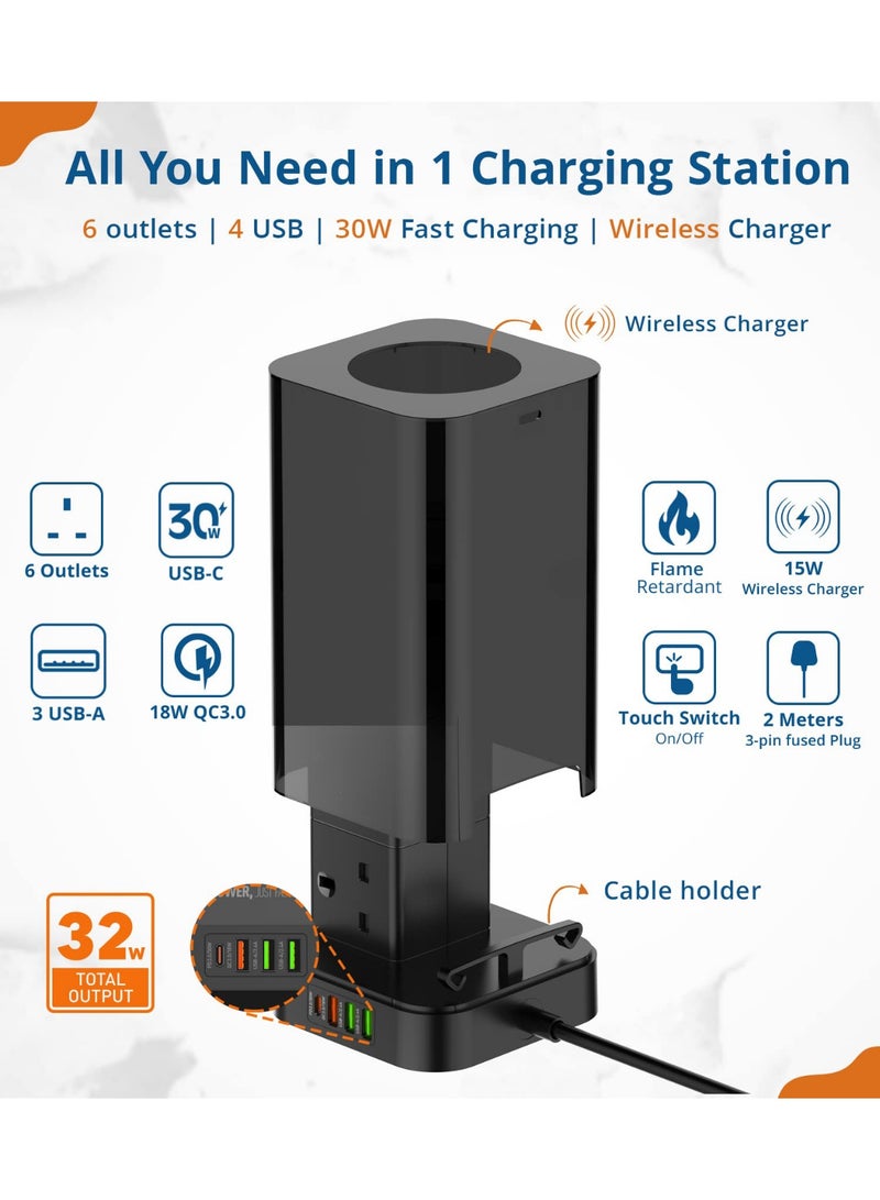Arabest Tower Power Extension Cord 3 In 1 with 30W Wireless Charger 6 AC Outlets 4 USB Outlets 2m Long Extension Cord Power Strip with Cable Organizer Box ﻿ - Image 3