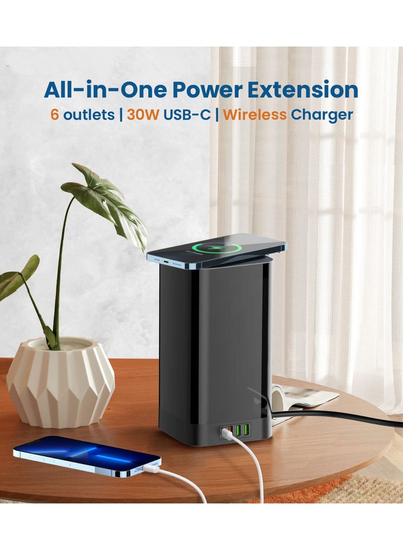 Arabest Tower Power Extension Cord 3 In 1 with 30W Wireless Charger 6 AC Outlets 4 USB Outlets 2m Long Extension Cord Power Strip with Cable Organizer Box ﻿ - Image 2