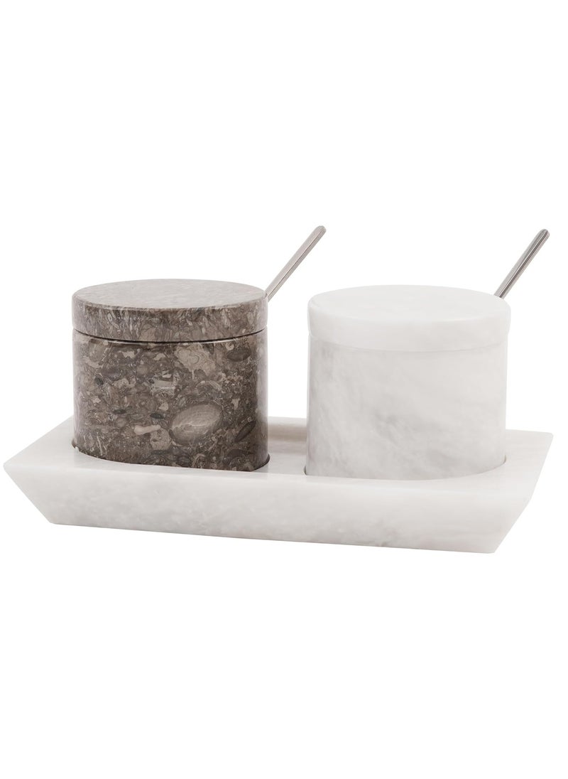 RADICALn Radicaln Marble Salt Cellar With Lid & Tray Oceanic and White Handmade Set of 2 Salt & Spice Containers -Salt & Pepper Bowls Kitchen Table Décor - Sugar Bowl  - Image 1
