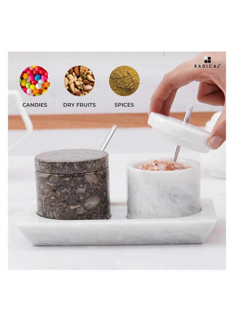 RADICALn Radicaln Marble Salt Cellar With Lid & Tray Oceanic and White Handmade Set of 2 Salt & Spice Containers -Salt & Pepper Bowls Kitchen Table Décor - Sugar Bowl  - Image 4