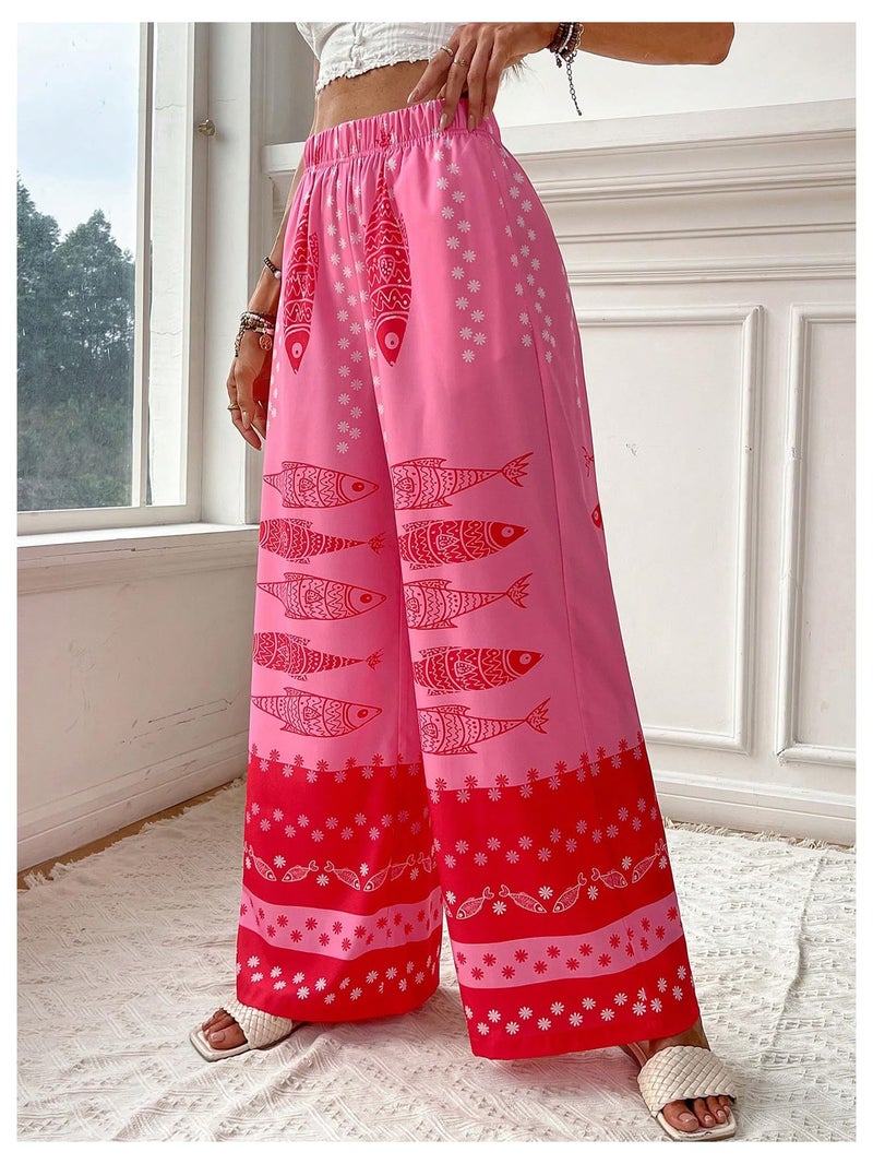 MakeMeChic Women's Summer Beach Boho Pants Wide Leg High Waist Vacation Palazzo Pants Hot Pink Medium - Image 2