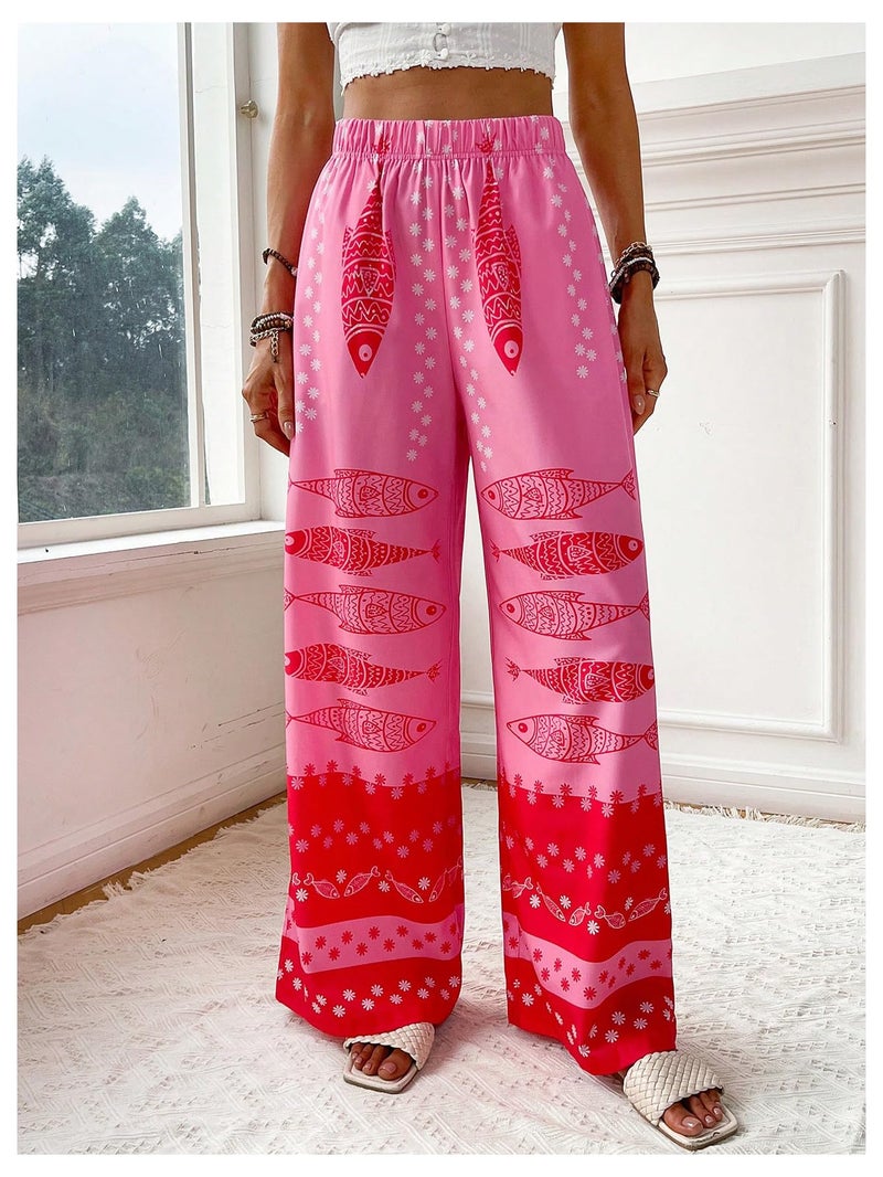 MakeMeChic Women's Summer Beach Boho Pants Wide Leg High Waist Vacation Palazzo Pants Hot Pink Medium - Image 4