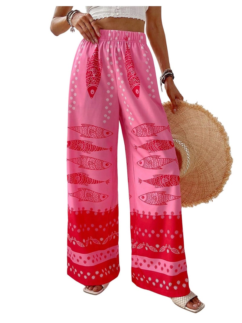 MakeMeChic Women's Summer Beach Boho Pants Wide Leg High Waist Vacation Palazzo Pants Hot Pink Medium - Image 1