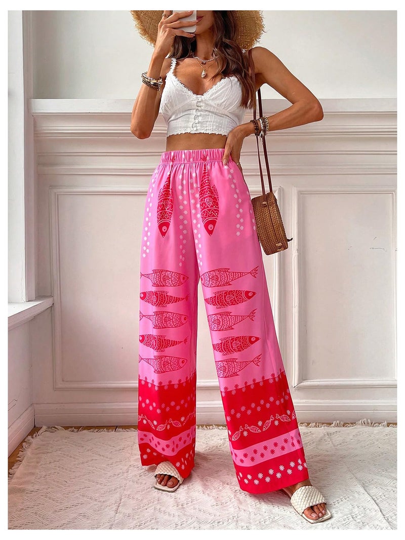 MakeMeChic Women's Summer Beach Boho Pants Wide Leg High Waist Vacation Palazzo Pants Hot Pink Medium - Image 5