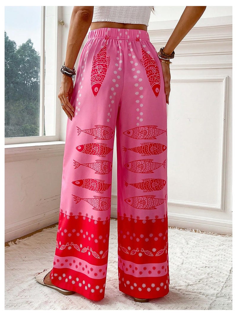 MakeMeChic Women's Summer Beach Boho Pants Wide Leg High Waist Vacation Palazzo Pants Hot Pink Medium - Image 3