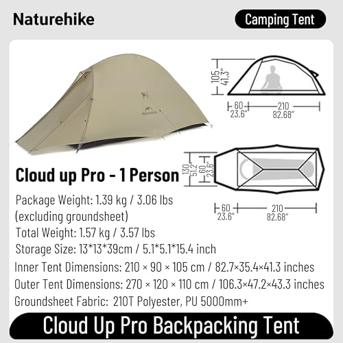 windhike Naturehike 2024 Cloud up Pro Tent, Upgrade Ultralight Tents,1.23kg/2.7lbs,Double 1 Person Tent,for Cycle Camping,Backpacking,Hiking,Self-Standing, Construction,Easy Set up (Khaki) - Image 2