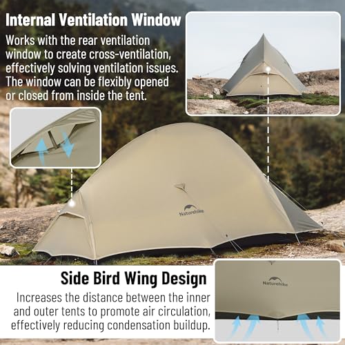 windhike Naturehike 2024 Cloud up Pro Tent, Upgrade Ultralight Tents,1.23kg/2.7lbs,Double 1 Person Tent,for Cycle Camping,Backpacking,Hiking,Self-Standing, Construction,Easy Set up (Khaki) - Image 4